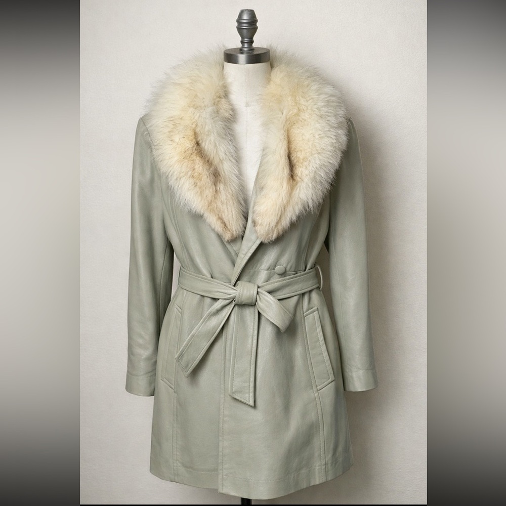 VTG New England Leather Coat Gray Belted Fur Collar Trench Jacket Classic Luxe